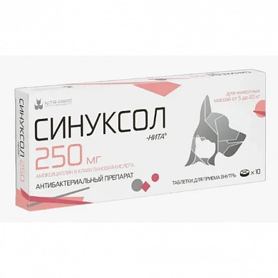Синуксол антибактериальный препарат для собак и кошек 250мг/10таб