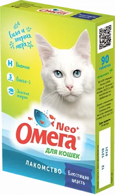 Омега Neo+ Блестящая шерсть Лакомство мультивитаминное для кошек с биотином и таурином, 90 таблеток