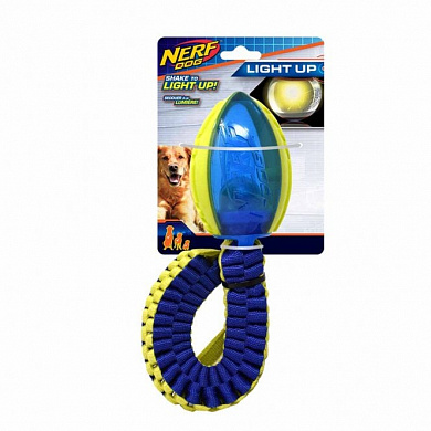 Nerf Игрушка для собак, Мяч для регби светящийся с плетеным пищащим шлейфом,сине-зеленый,48см
