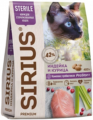 Сириус (SIRIUS) для стерилизованных кошек  Индейка и Курица 